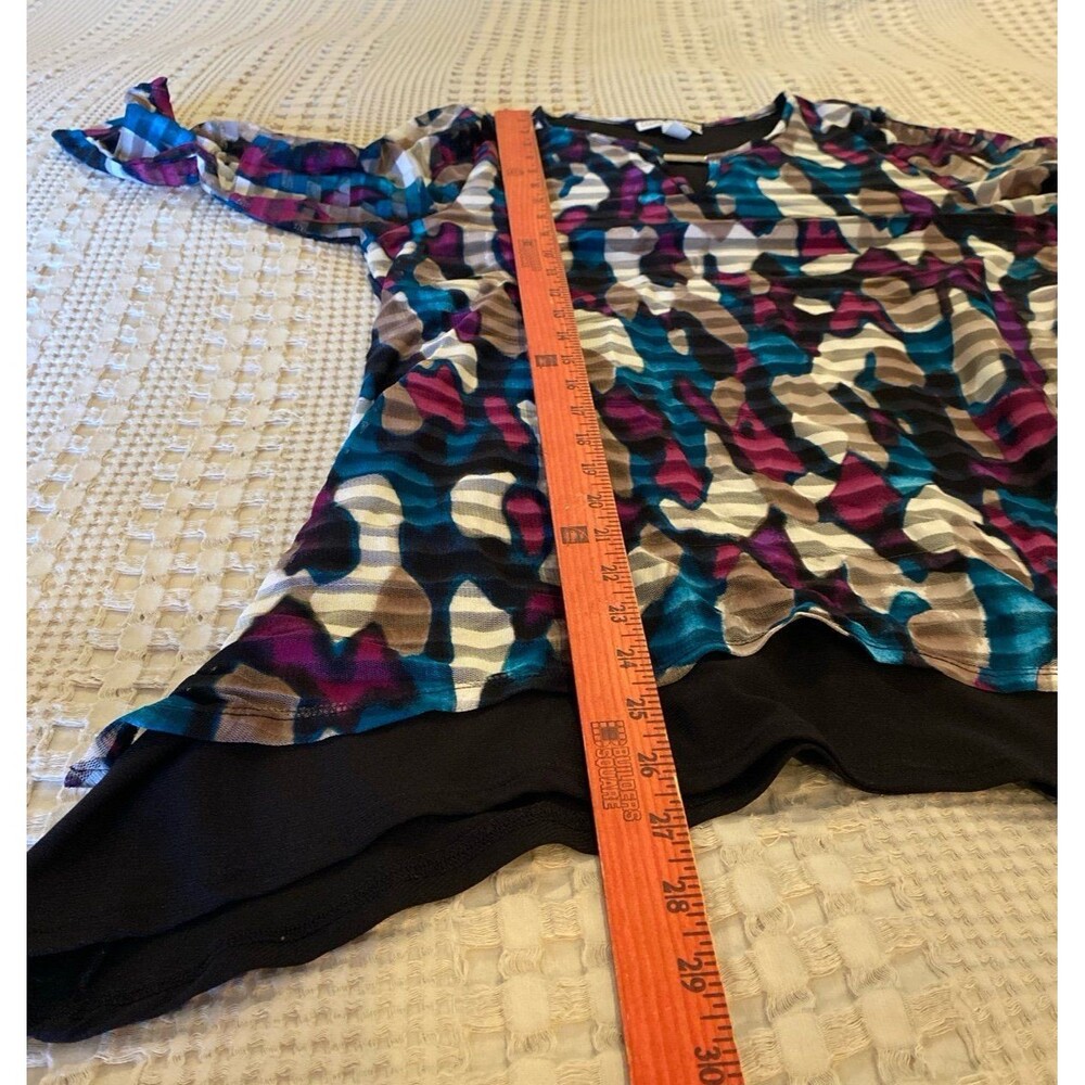 Dana Bachman Blouse Sz Medium Top Sheer Overlay Purple Green Black Rounded Neck - Picture 11 of 12